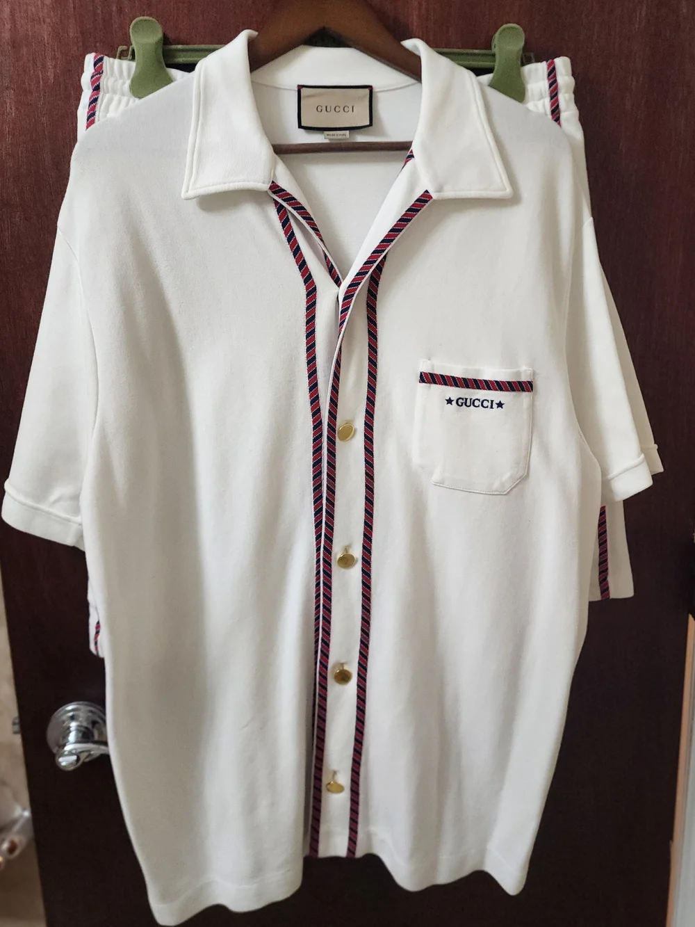 Gucci Men’s White Short-Sleeve Button Shirt and Matching Shorts with Stripe Trim